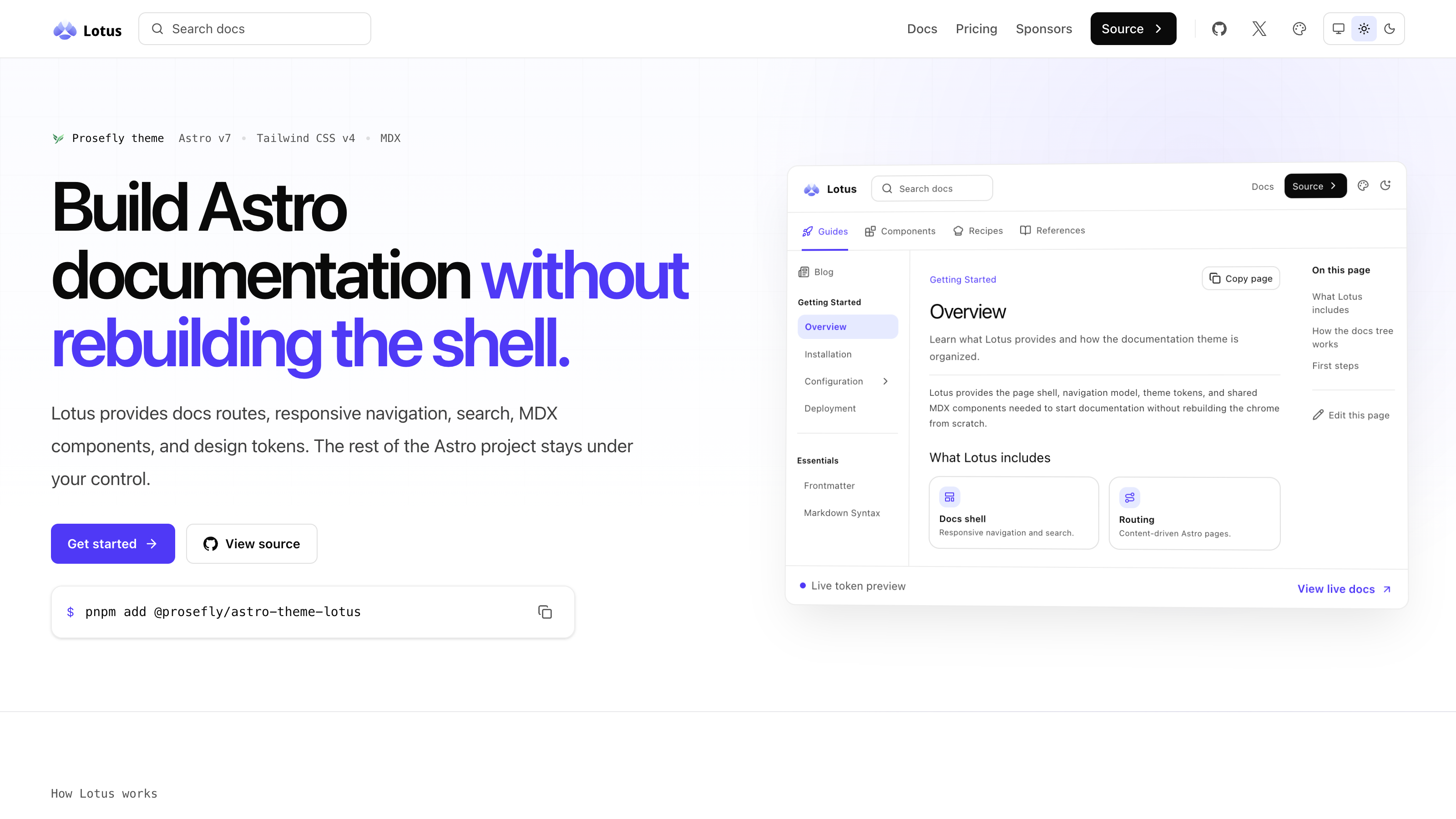Lotus documentation theme homepage preview
