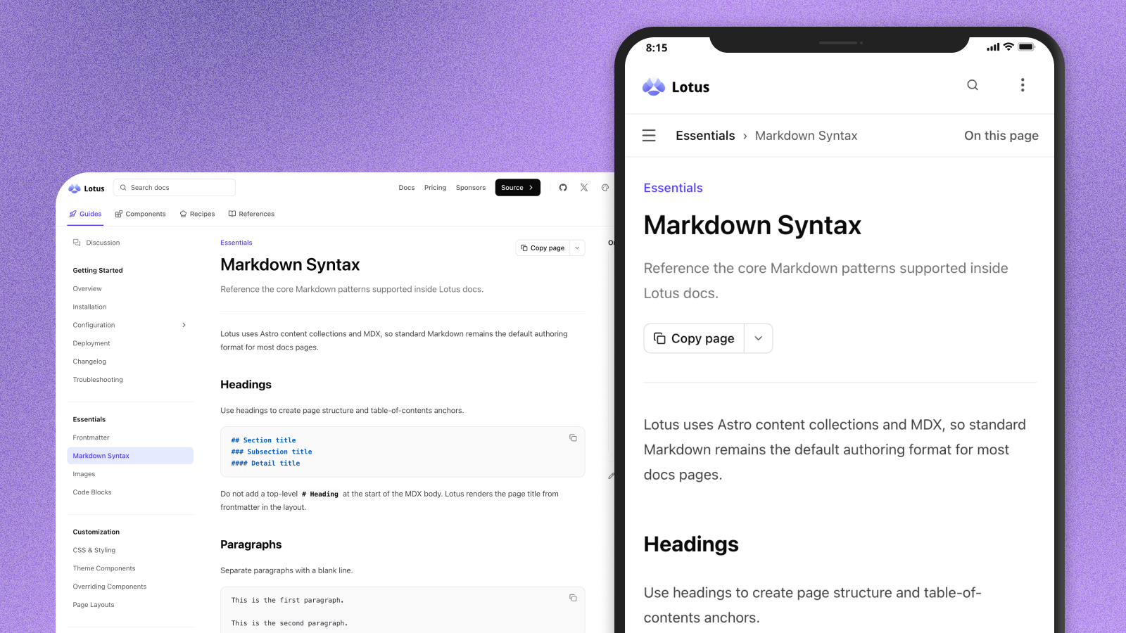 Lotus documentation theme adapting across screen sizes