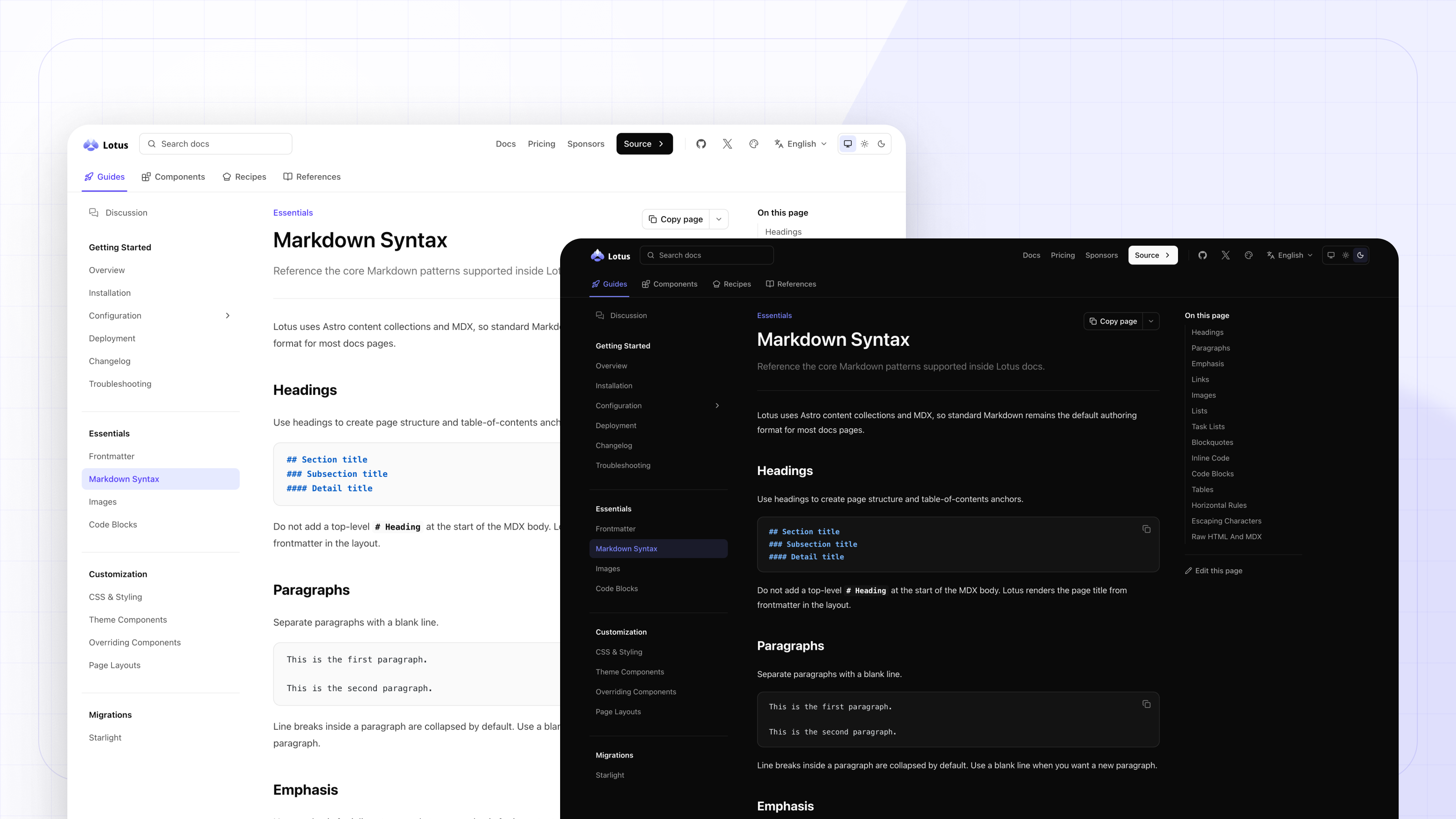 Lotus documentation page shown in light and dark mode